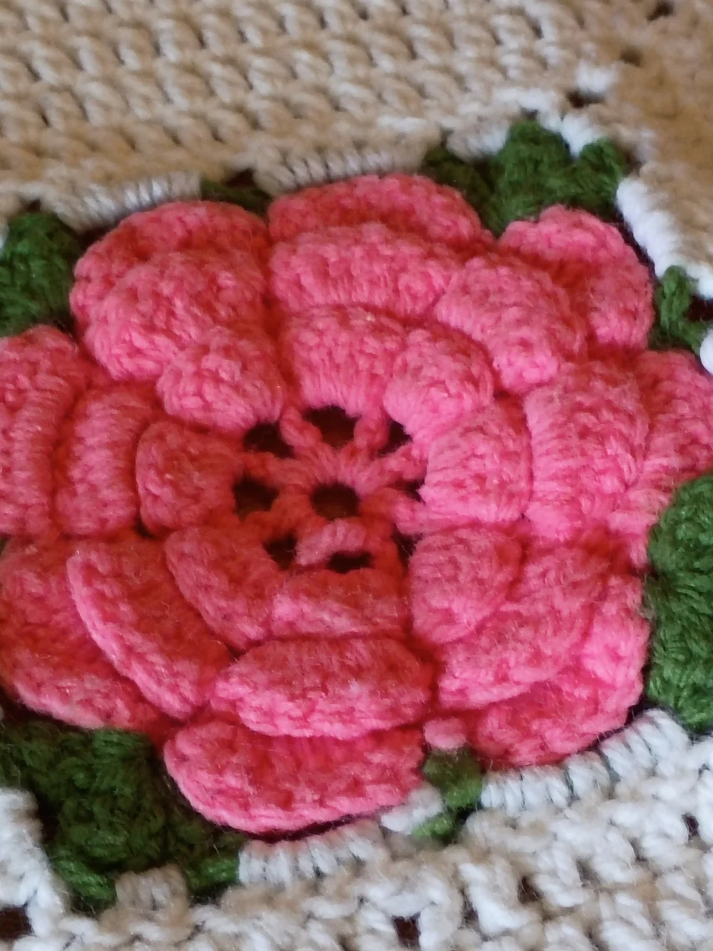 Vintage 80 x 54 Crochet 3D Pink Roses on White Background Throw Accent Blanket